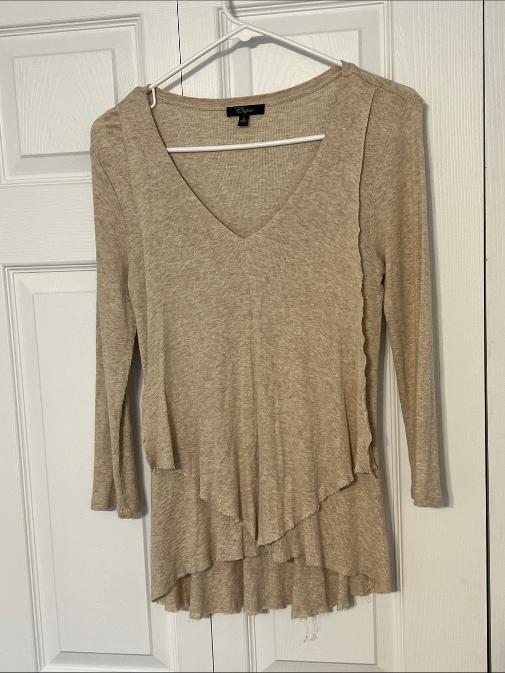 Tan Layered V-Neck Ruffle-Trim Top